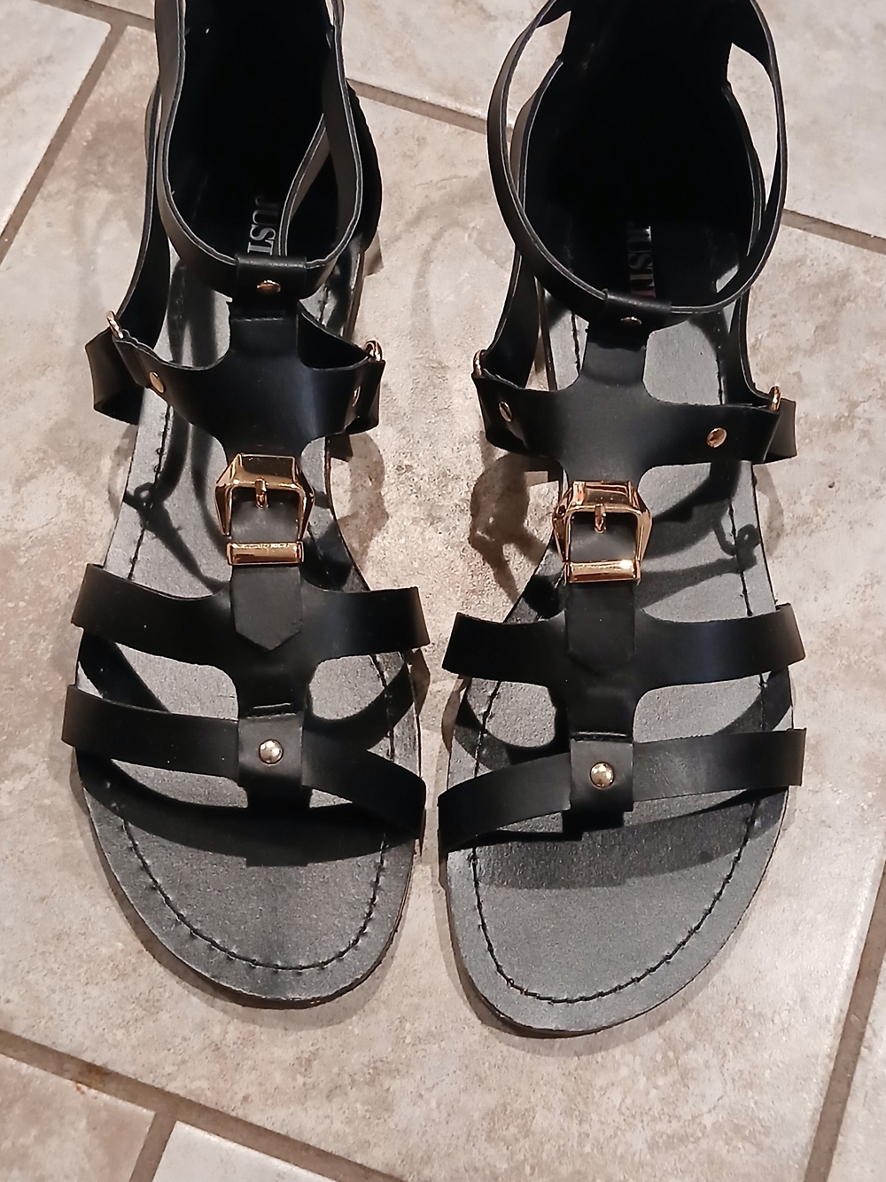 JustFab Black Strappy Sandals with Gold Buckles Size 8.5 Women's